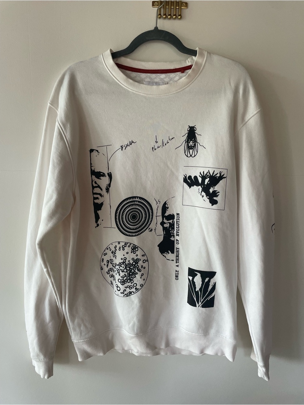 Denim & Flower White Crewneck Sweatshirt with Black Graphic Prints